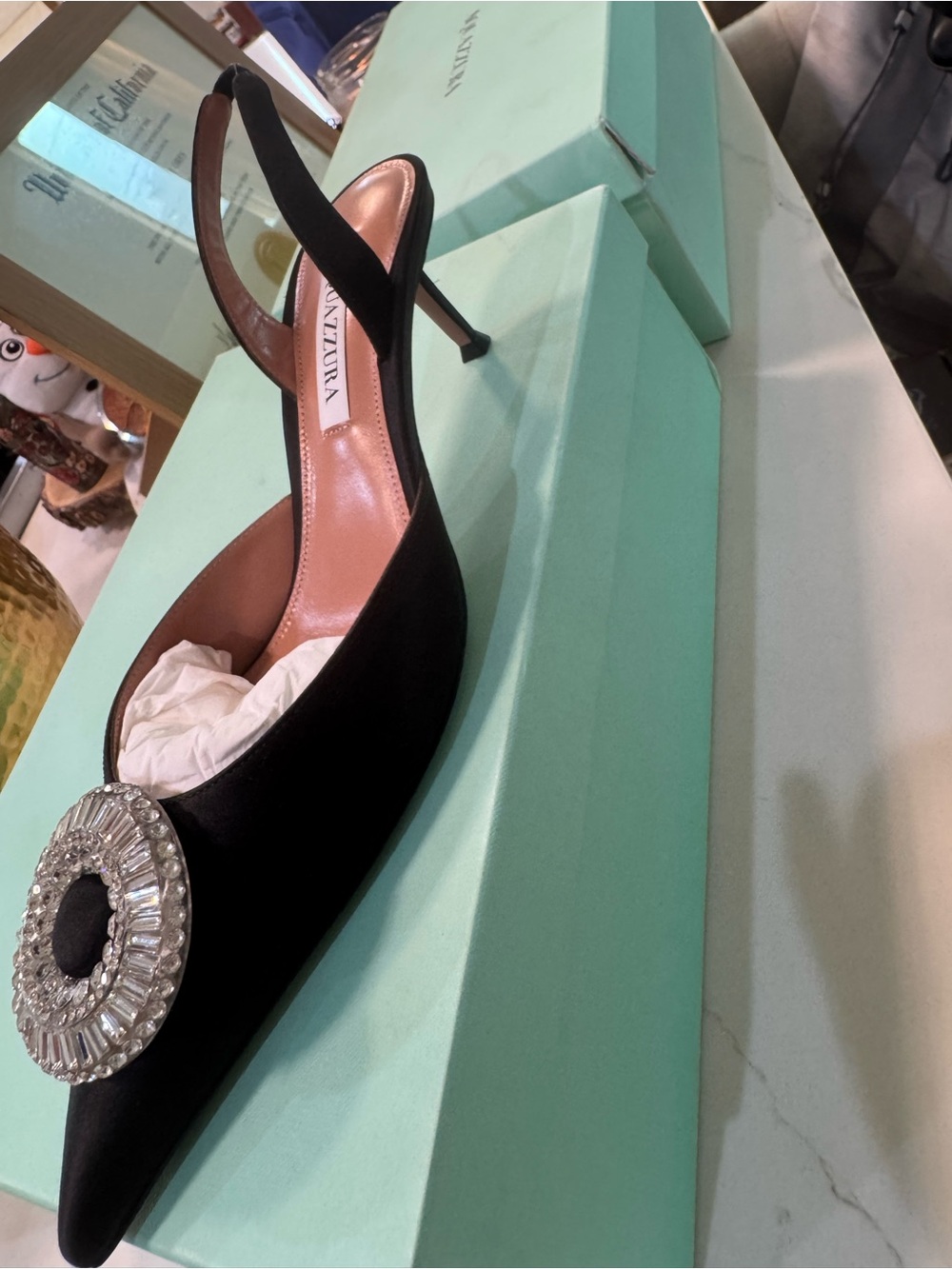 Bloomingdale's Black Satin Slingback Pump with Crystal Circle Accent